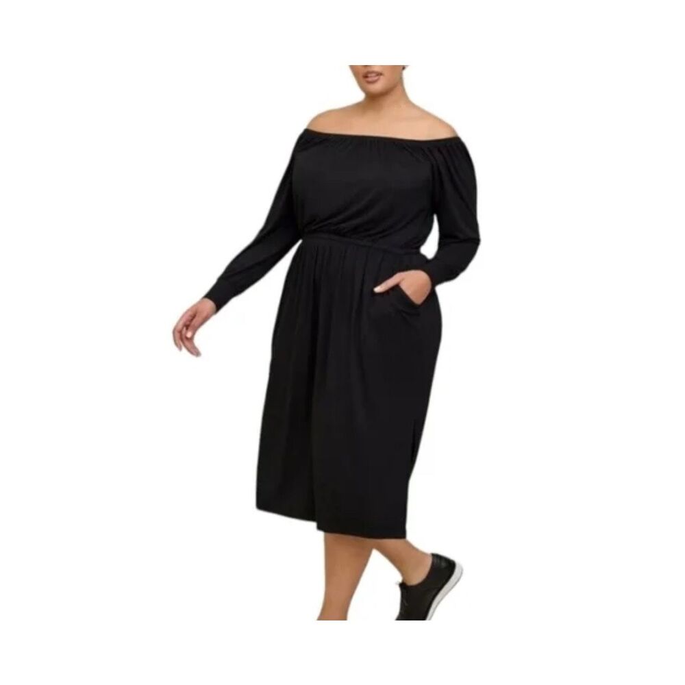 Torrid Women's Midi Supersoft Slit Dress Deep Black off shoulder Size 3X NWT$76